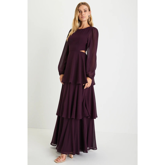 Lulus Garden Bliss Cutout Long Sleeve Tiered Maxi Dress Plum Purple Women's XL - Picture 1 of 6